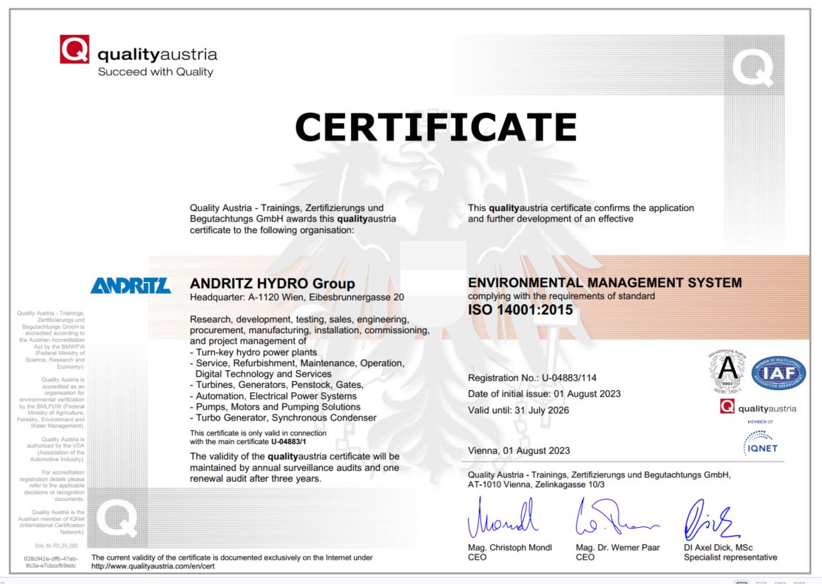 ANDRITZ HYDRO Group ISO 14001 Certificate