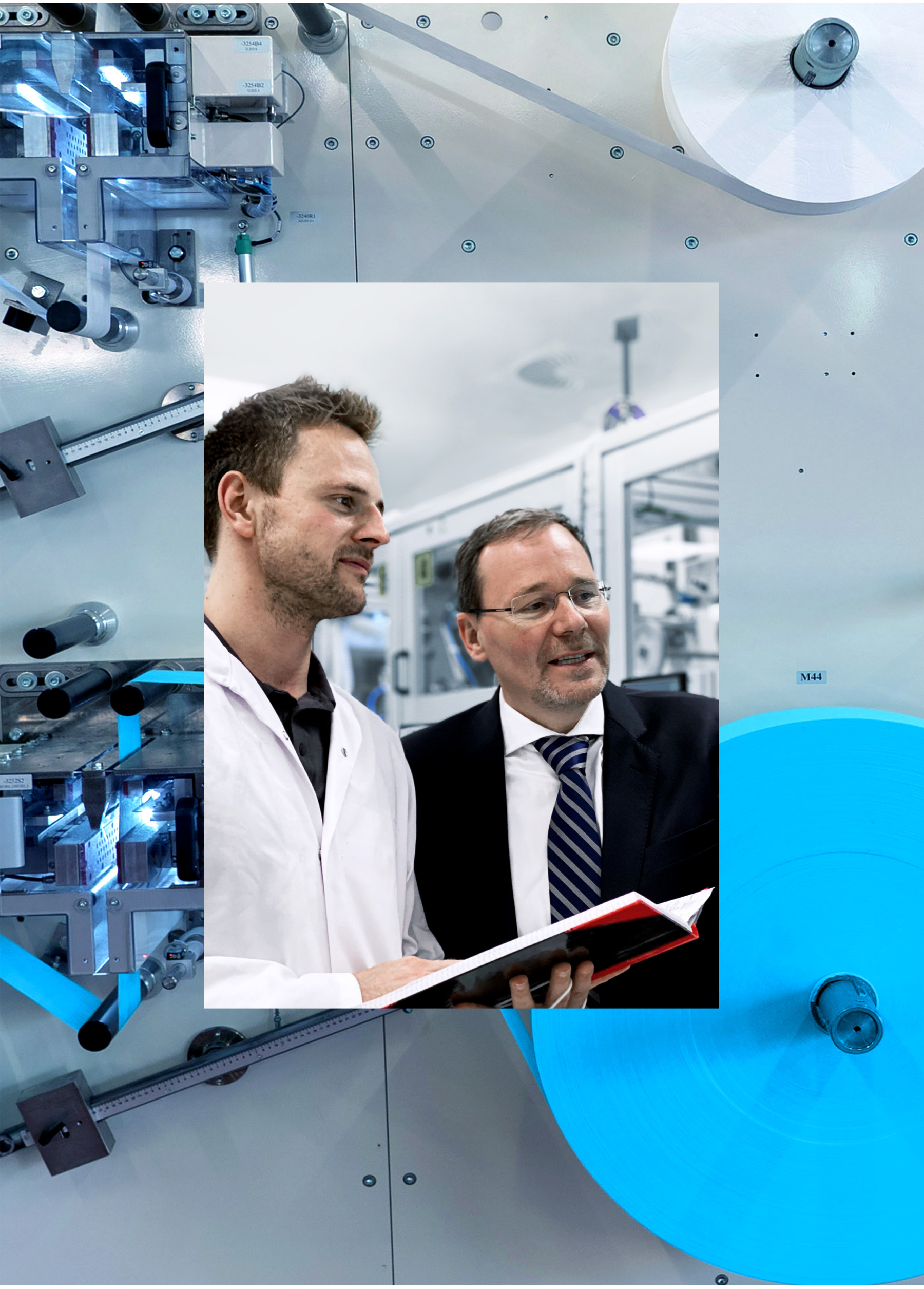 Wolfram Drescher (right) – Founder and Managing Director of Esumedics GmbH Unwinder for one of the layers of a face mask Wolfram Drescher (right) – Founder and Managing Director of Esumedics GmbH Unwinder for one of the layers of a face mask