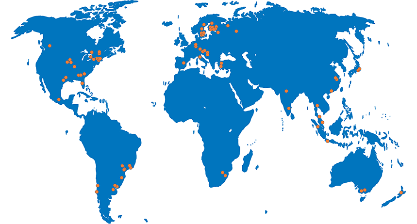 ANDRITZ Pulp Service Locations Worldmap with ANDRITZ pulp service locations marked with orange dots