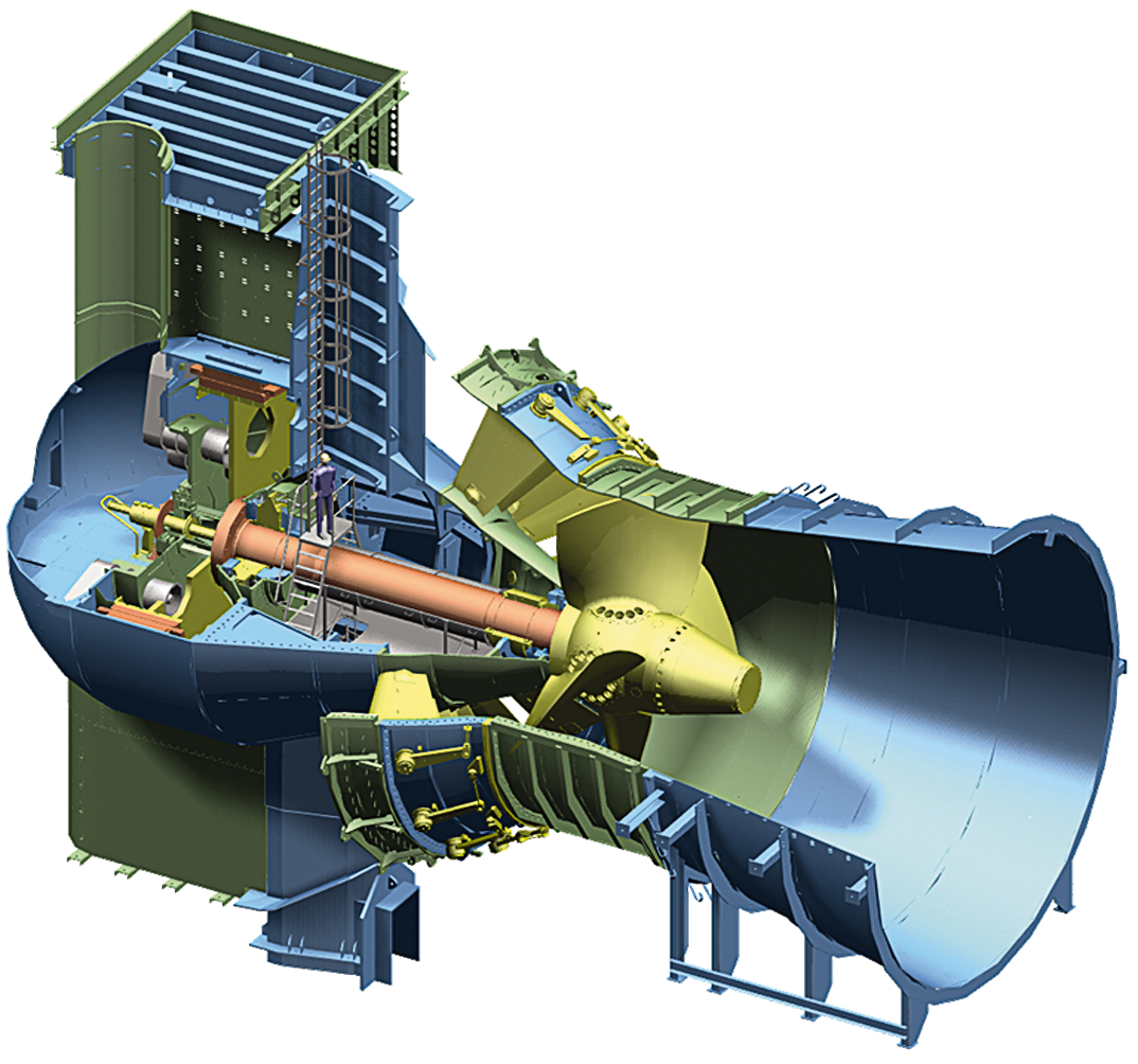 Schematic 3D-drawing of Bulb turbine for HPP Iffezheim, Germany