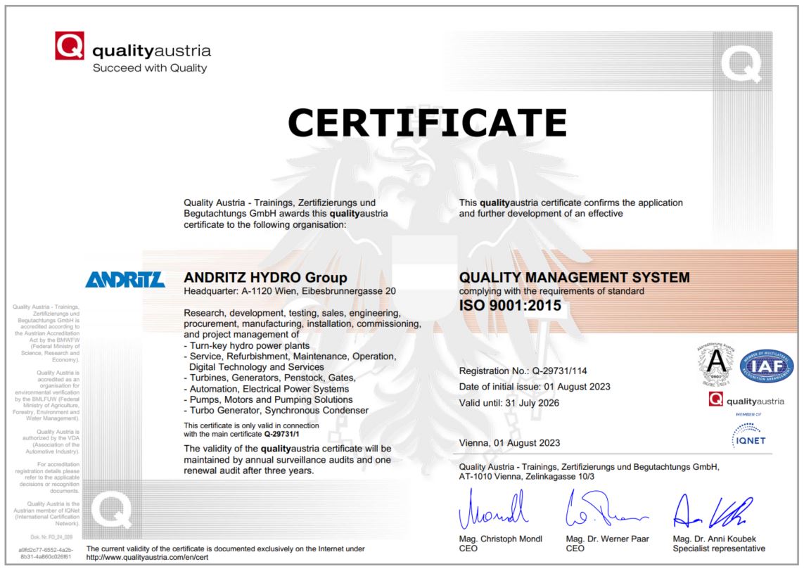 ANDRITZ HYDRO Group ISO 9001 Certificate