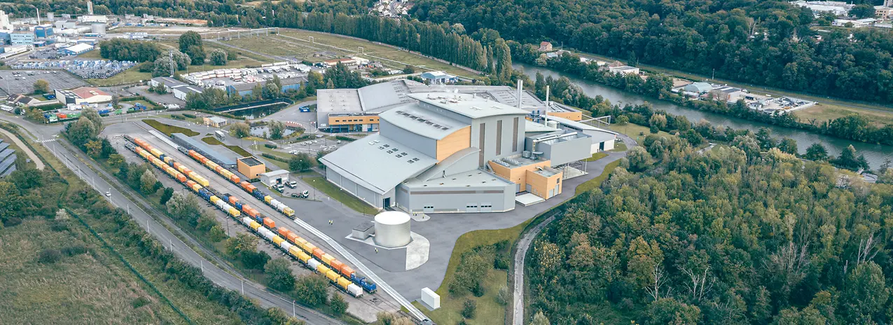 Aerial drone shot of grate boiler at Villers-Saint-Paul, France.