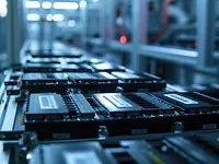 Detailed view of battery pack labels and branding being applied on the assembly line.