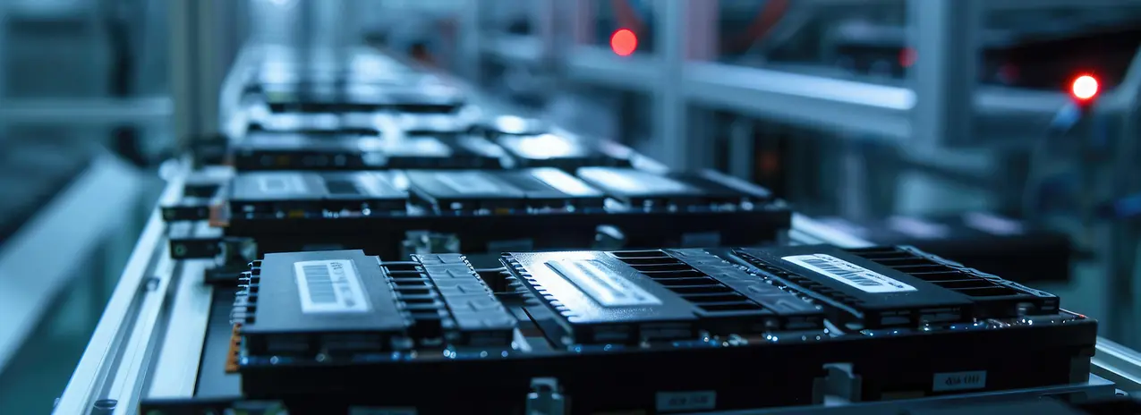 Detailed view of battery pack labels and branding being applied on the assembly line.