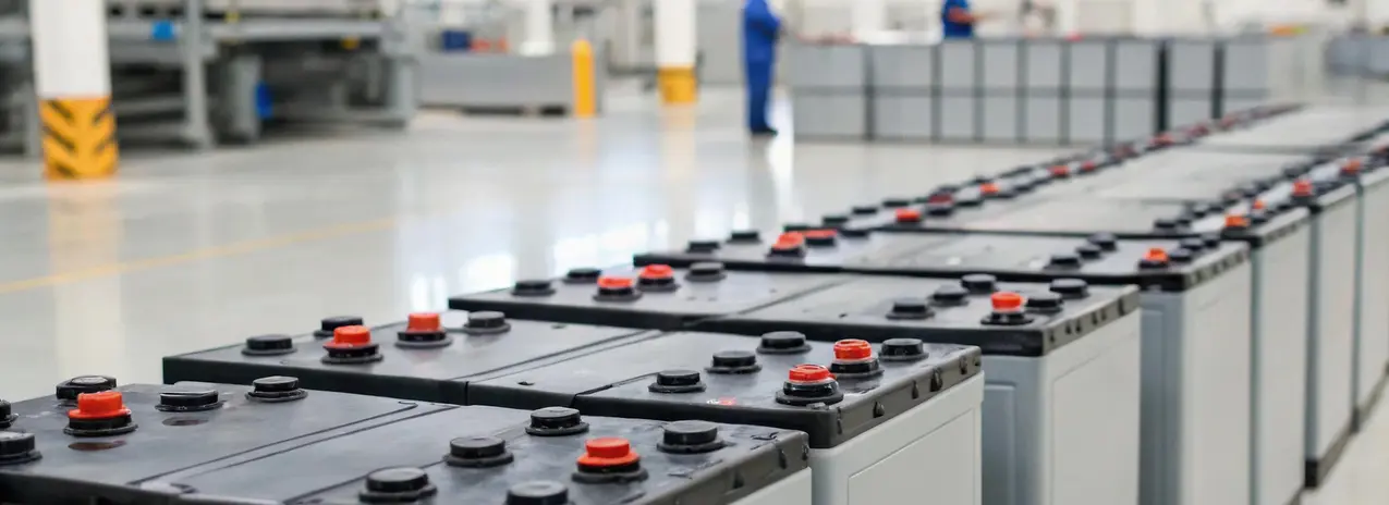 Industrial warehouse with rows of large batteries and workers in the background conducting inspections