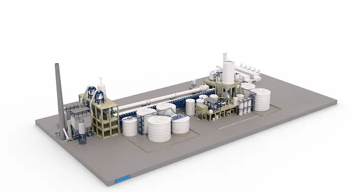 Industrieanlage mit Schornstein, Tanks und Förderbändern auf grauer Grundplatte